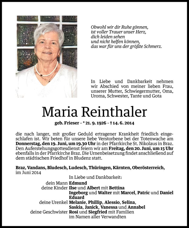  Todesanzeige für Maria Reinthaler vom 17.06.2014 aus Vorarlberger Nachrichten