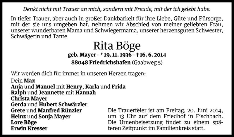  Todesanzeige für Rita Böge vom 17.06.2014 aus Vorarlberger Nachrichten