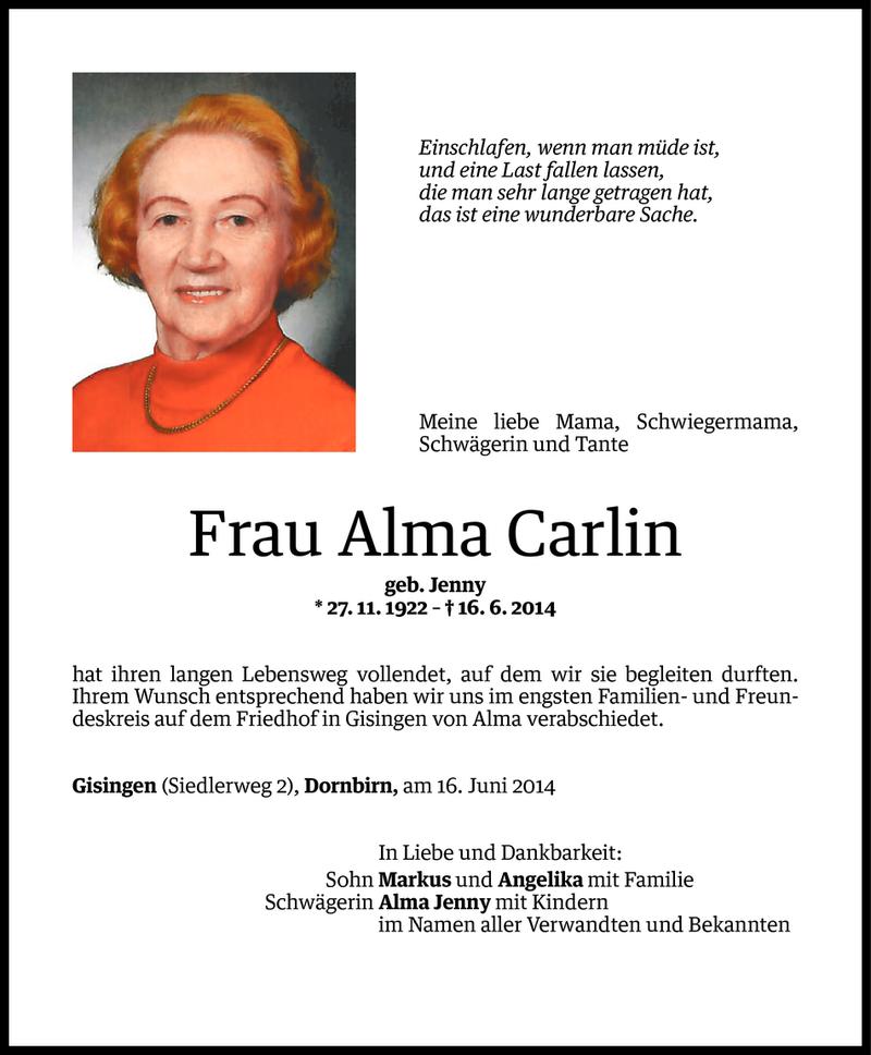  Todesanzeige für Alma Carlin vom 20.06.2014 aus Vorarlberger Nachrichten