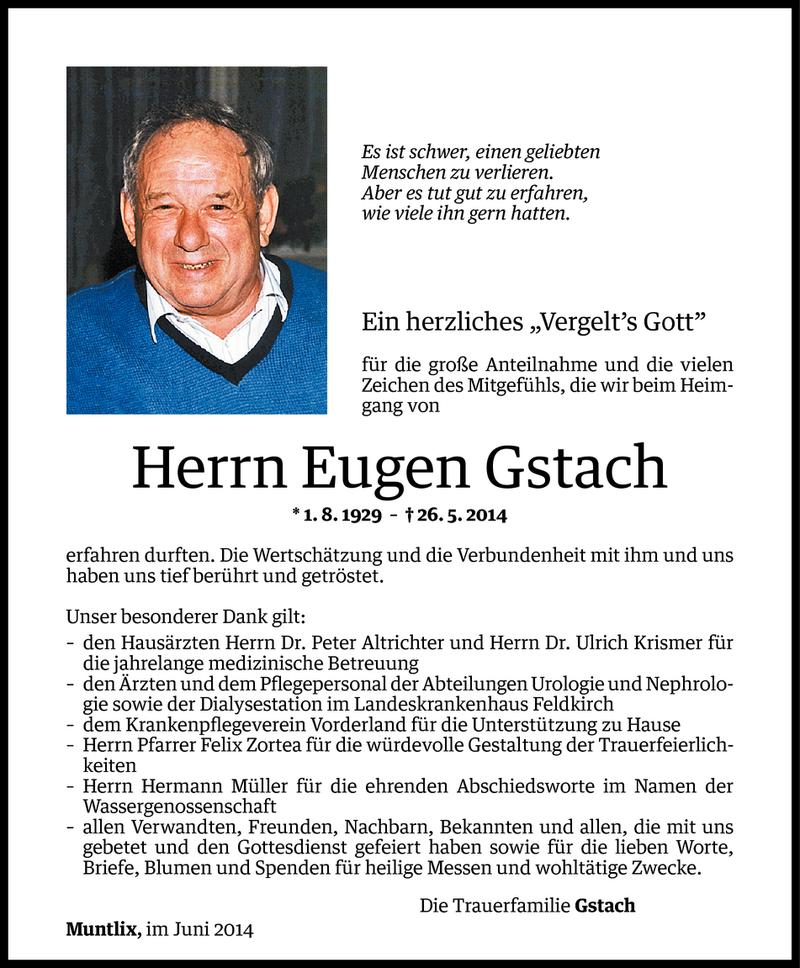  Todesanzeige für Eugen Gstach vom 19.06.2014 aus Vorarlberger Nachrichten