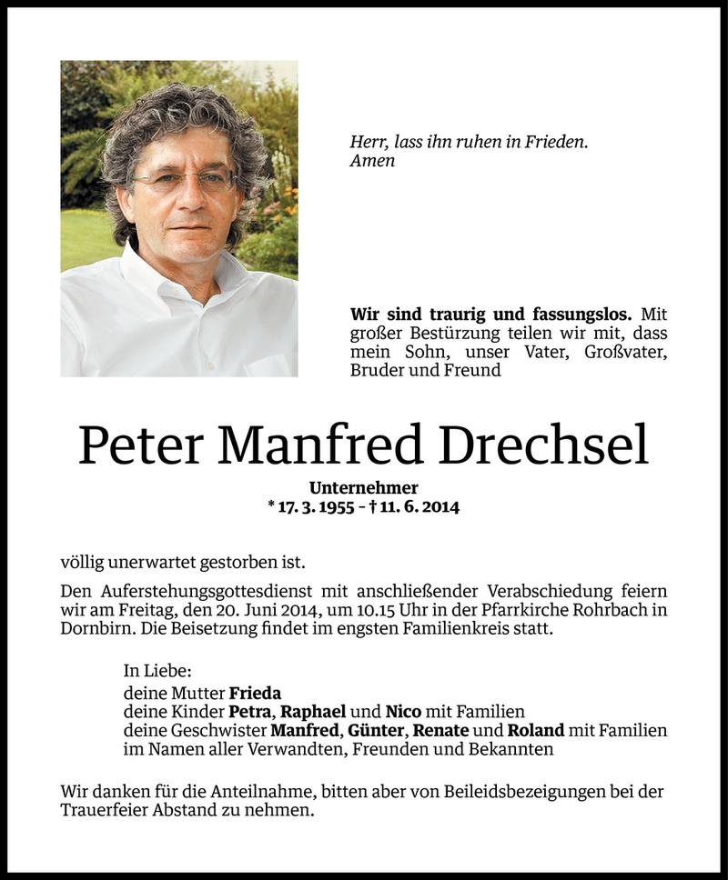  Todesanzeige für Peter Manfred Drechsel vom 18.06.2014 aus Vorarlberger Nachrichten