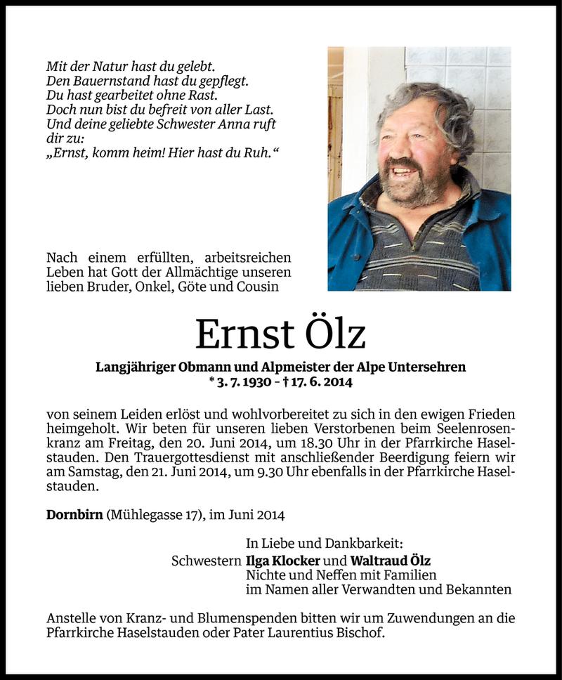  Todesanzeige für Ernst Ölz vom 18.06.2014 aus Vorarlberger Nachrichten