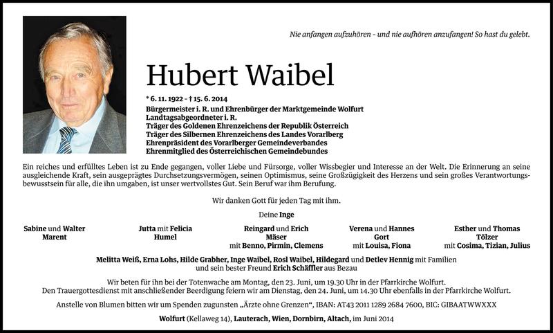  Todesanzeige für Hubert Waibel vom 20.06.2014 aus Vorarlberger Nachrichten