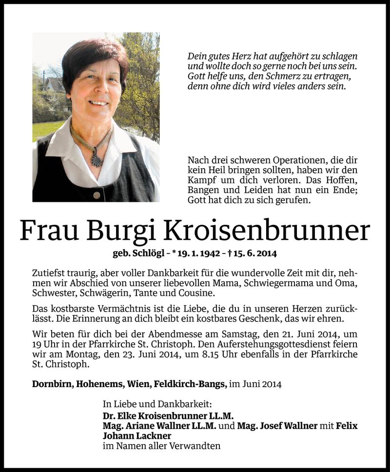  Todesanzeige für Burgi Kroisenbrunner vom 18.06.2014 aus Vorarlberger Nachrichten