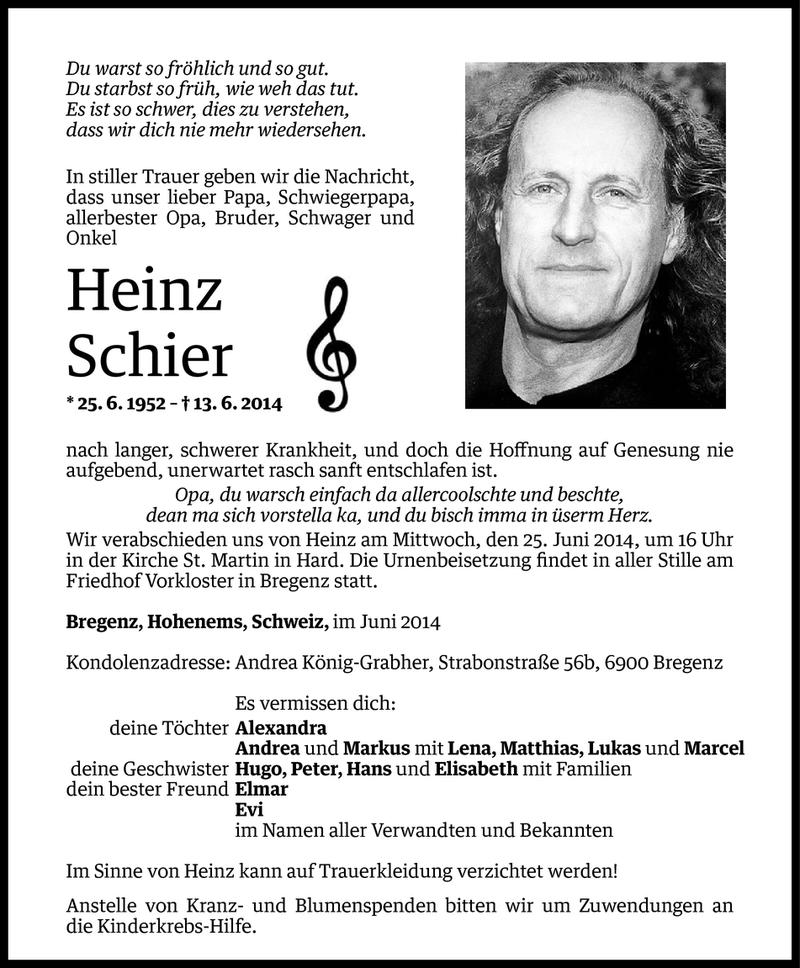  Todesanzeige für Heinz Schier vom 20.06.2014 aus Vorarlberger Nachrichten