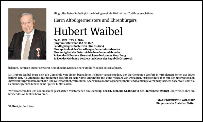  Todesanzeige für Hubert Waibel vom 20.06.2014 aus Vorarlberger Nachrichten