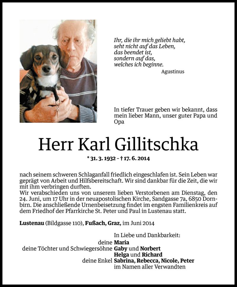  Todesanzeige für Karl Gillitschka vom 20.06.2014 aus Vorarlberger Nachrichten