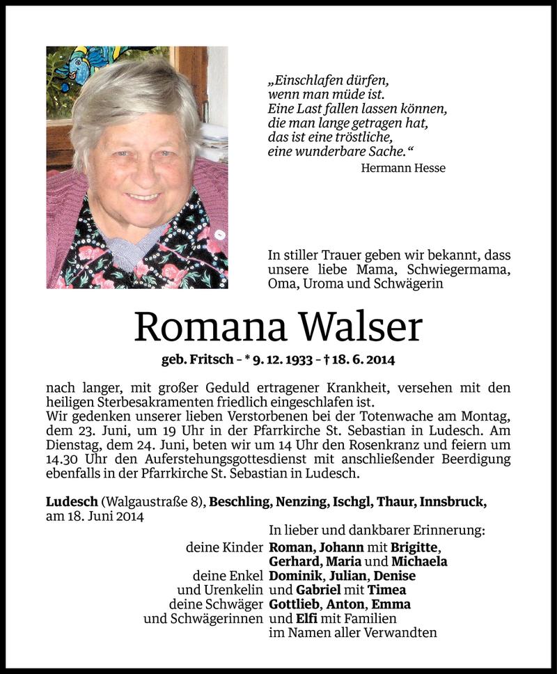  Todesanzeige für Romana Walser vom 21.06.2014 aus Vorarlberger Nachrichten