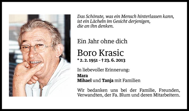  Todesanzeige für Boro Krasic vom 20.06.2014 aus Vorarlberger Nachrichten