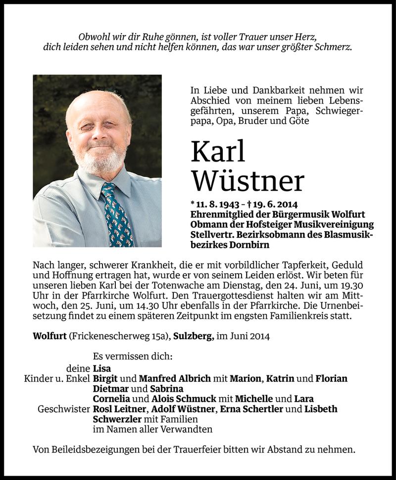  Todesanzeige für Karl Wüstner vom 20.06.2014 aus Vorarlberger Nachrichten