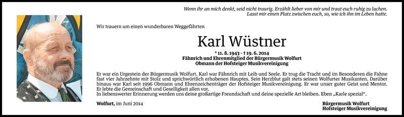  Todesanzeige für Karl Wüstner vom 22.06.2014 aus Vorarlberger Nachrichten