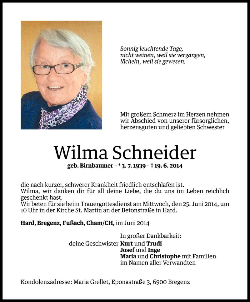  Todesanzeige für Wilma Schneider vom 22.06.2014 aus Vorarlberger Nachrichten