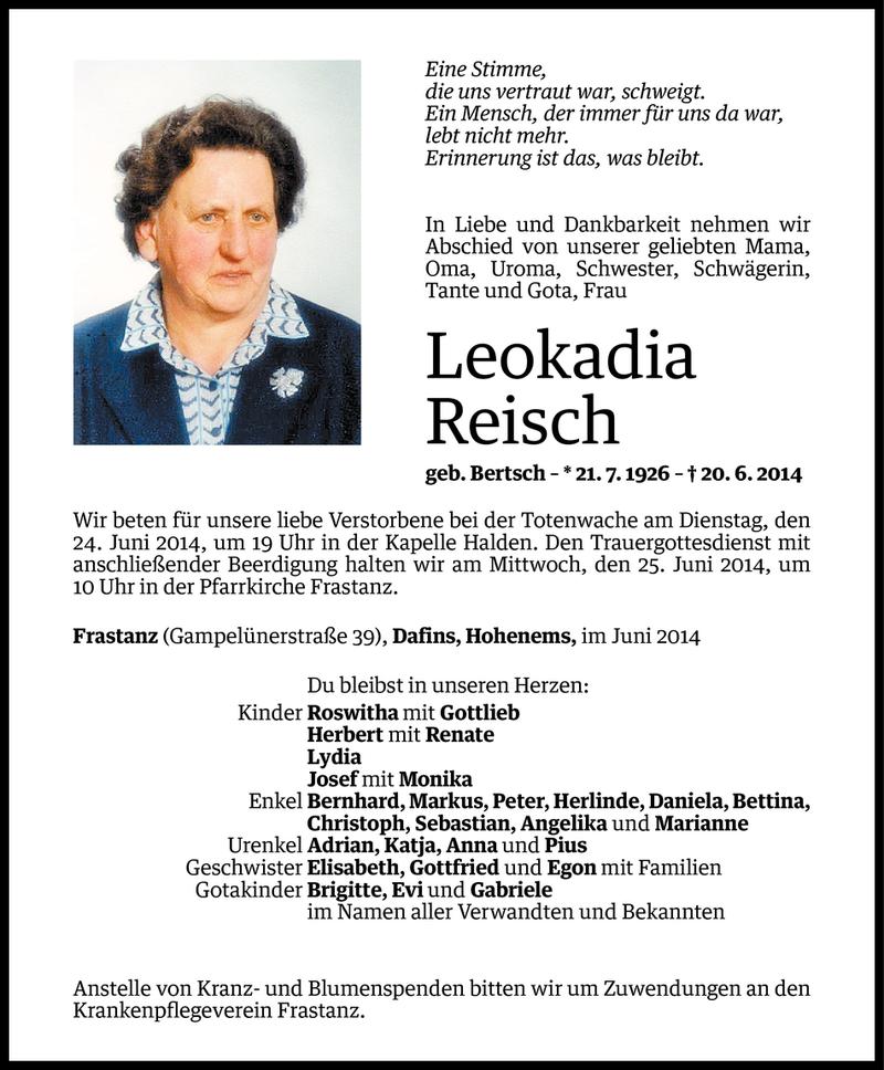  Todesanzeige für Leokadia Reisch vom 22.06.2014 aus Vorarlberger Nachrichten