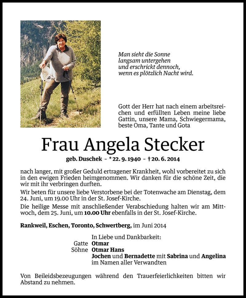  Todesanzeige für Angela Stecker vom 23.06.2014 aus Vorarlberger Nachrichten