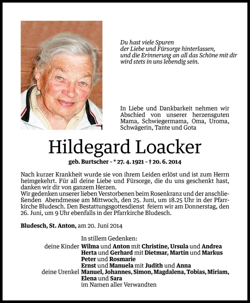  Todesanzeige für Hildegard Loacker vom 22.06.2014 aus Vorarlberger Nachrichten