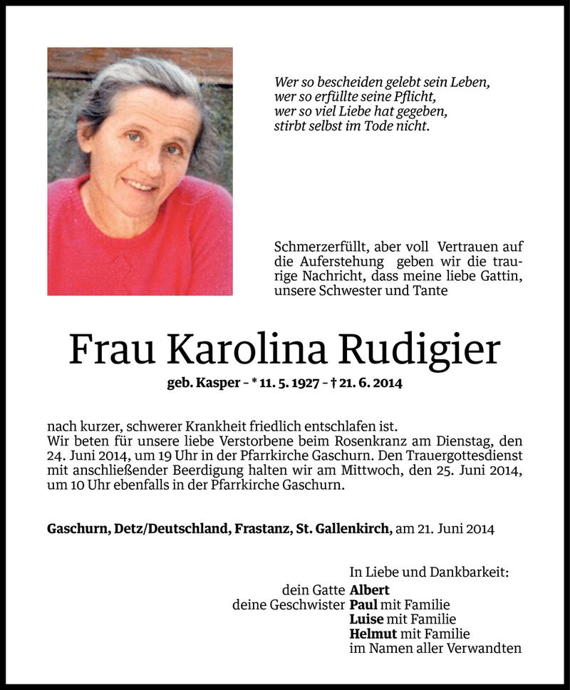  Todesanzeige für Karolina Rudigier vom 22.06.2014 aus Vorarlberger Nachrichten