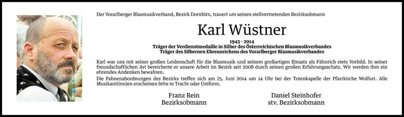  Todesanzeige für Karl Wüstner vom 23.06.2014 aus Vorarlberger Nachrichten