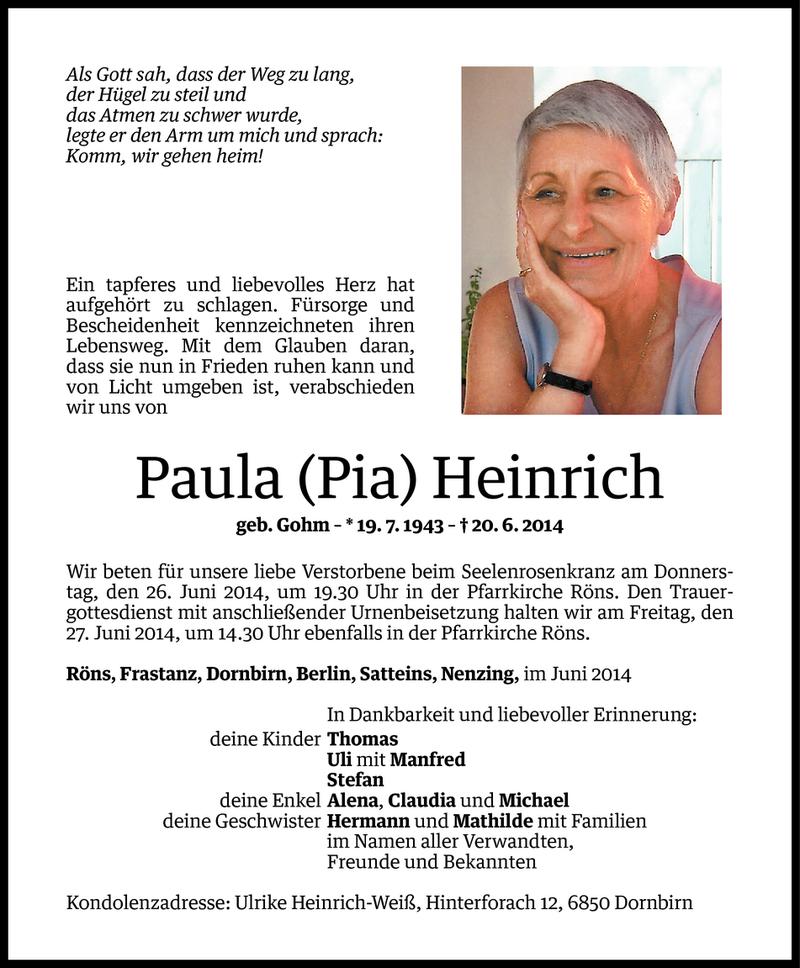  Todesanzeige für Paula Heinrich vom 23.06.2014 aus Vorarlberger Nachrichten