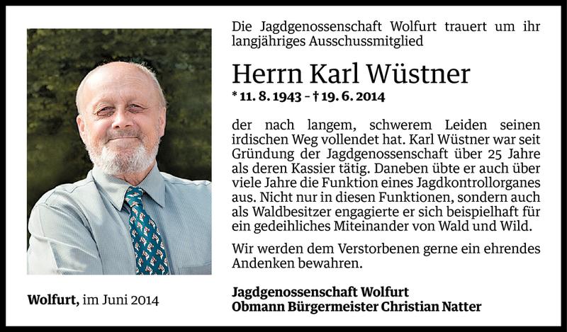  Todesanzeige für Karl Wüstner vom 23.06.2014 aus Vorarlberger Nachrichten