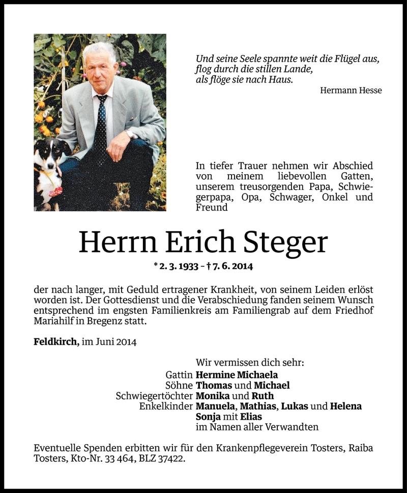  Todesanzeige für Erich Steger vom 23.06.2014 aus Vorarlberger Nachrichten