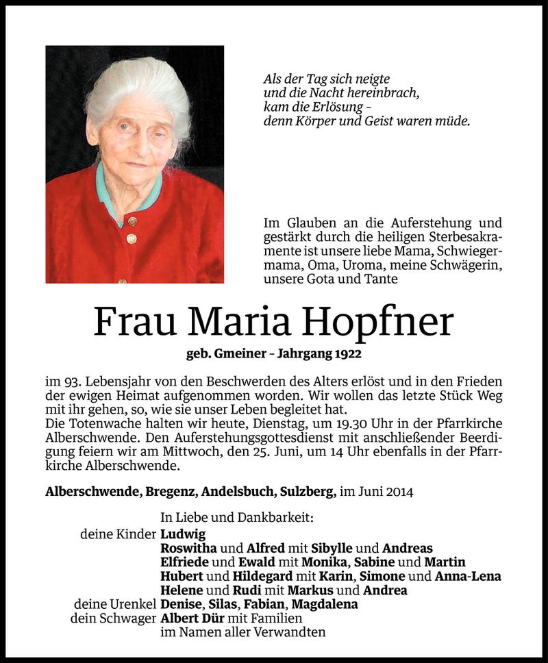  Todesanzeige für Maria Hopfner vom 23.06.2014 aus Vorarlberger Nachrichten