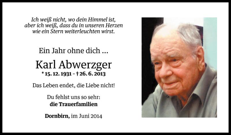  Todesanzeige für Karl Abwerzger vom 25.06.2014 aus Vorarlberger Nachrichten