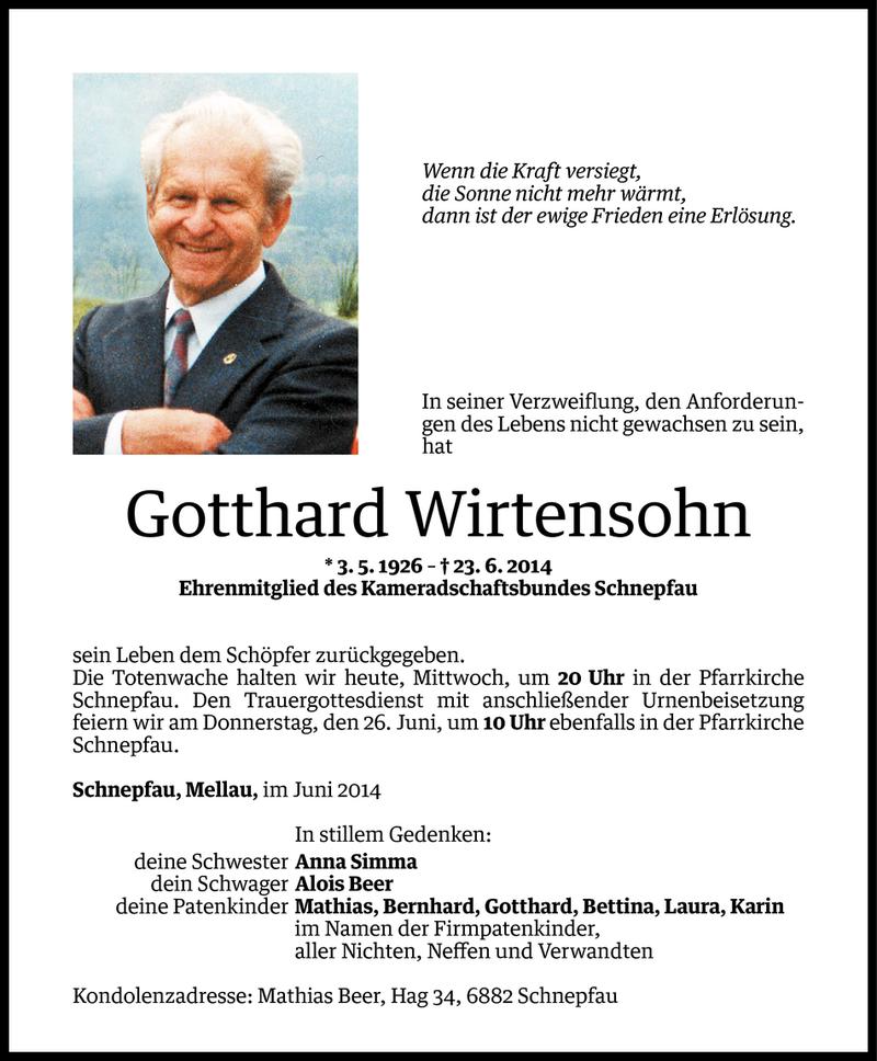  Todesanzeige für Gotthard Wirtensohn vom 24.06.2014 aus Vorarlberger Nachrichten