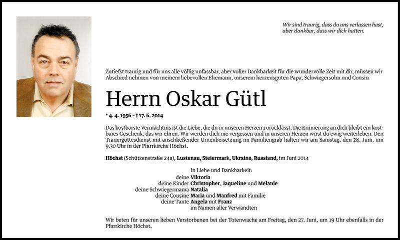  Todesanzeige für Oskar Gütl vom 24.06.2014 aus Vorarlberger Nachrichten
