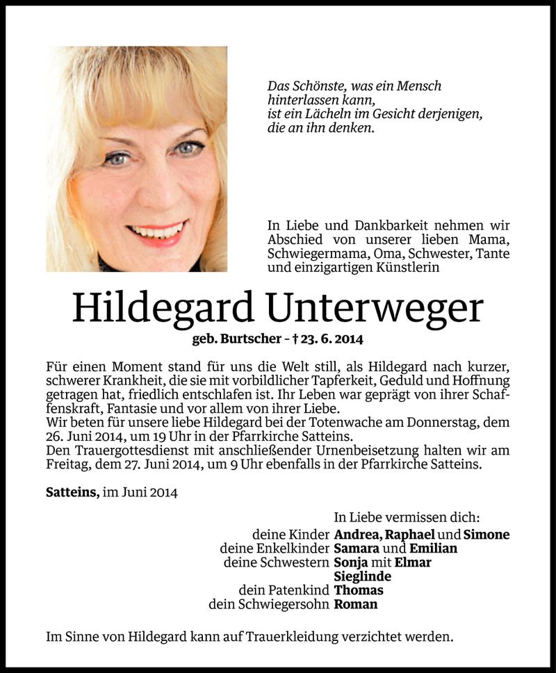  Todesanzeige für Hildegard Unterweger vom 24.06.2014 aus Vorarlberger Nachrichten