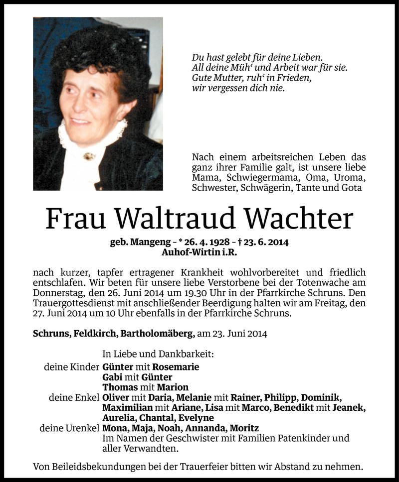  Todesanzeige für Waltraud Wachter vom 24.06.2014 aus Vorarlberger Nachrichten