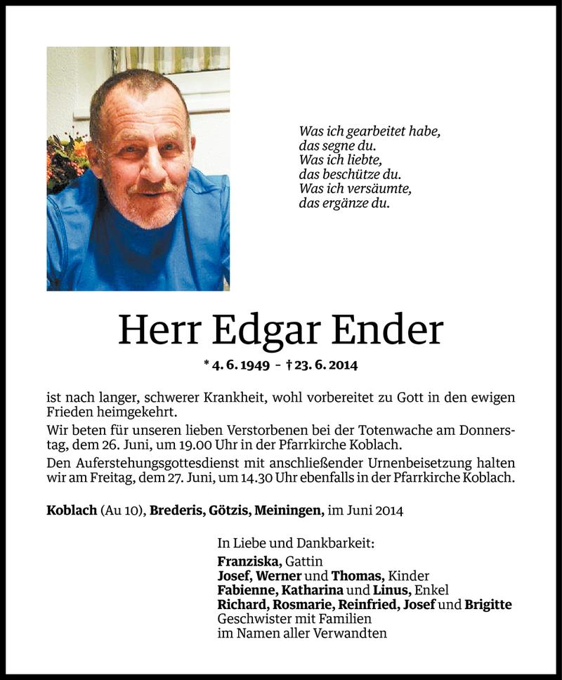  Todesanzeige für Edgar Ender vom 25.06.2014 aus Vorarlberger Nachrichten