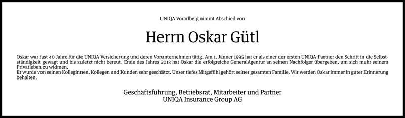  Todesanzeige für Oskar Gütl vom 24.06.2014 aus Vorarlberger Nachrichten