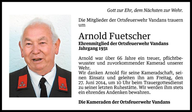  Todesanzeige für Arnold Fuetscher vom 24.06.2014 aus Vorarlberger Nachrichten