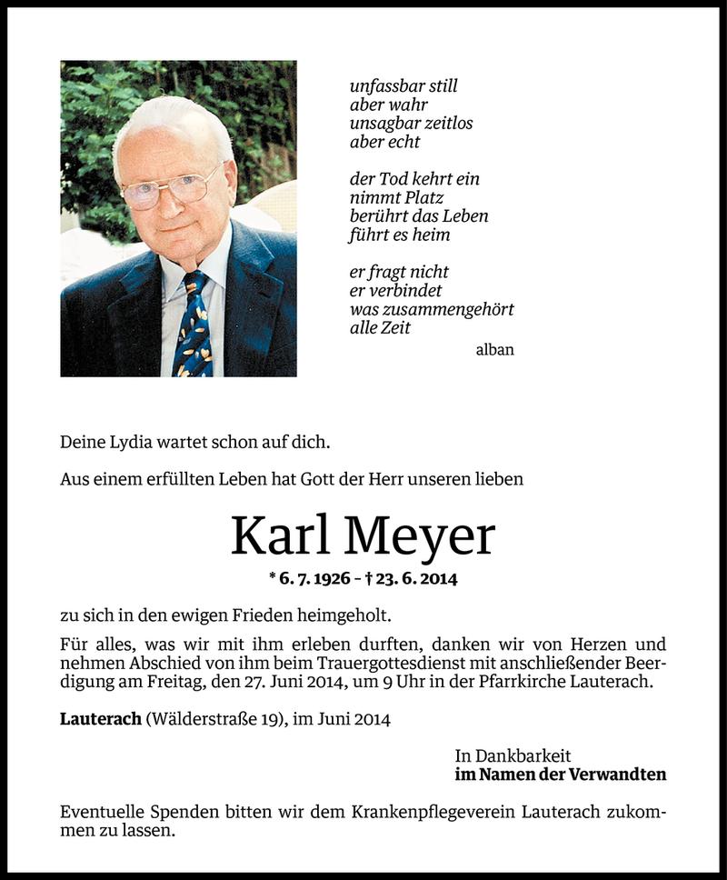  Todesanzeige für Karl Meyer vom 24.06.2014 aus Vorarlberger Nachrichten