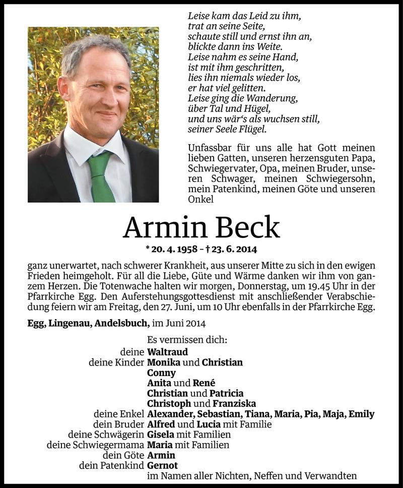 Todesanzeige für Armin Beck vom 24.06.2014 aus Vorarlberger Nachrichten