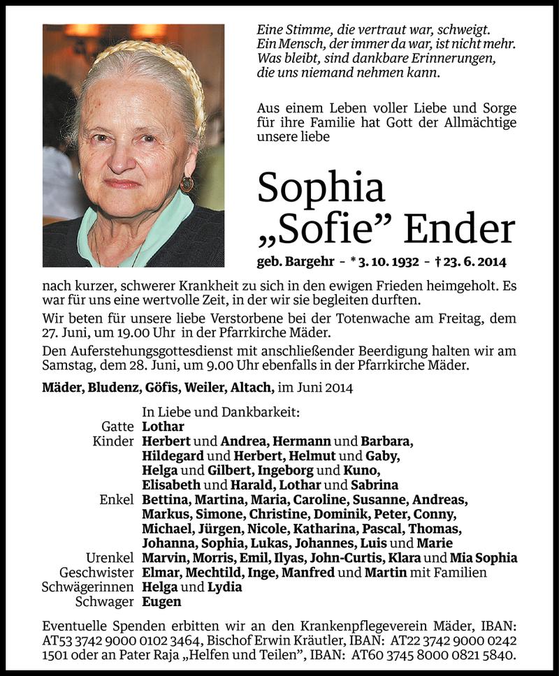  Todesanzeige für Sophia Ender vom 26.06.2014 aus Vorarlberger Nachrichten