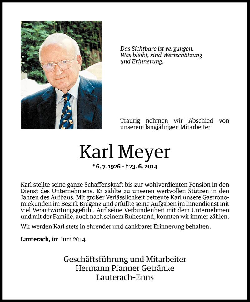  Todesanzeige für Karl Meyer vom 24.06.2014 aus Vorarlberger Nachrichten