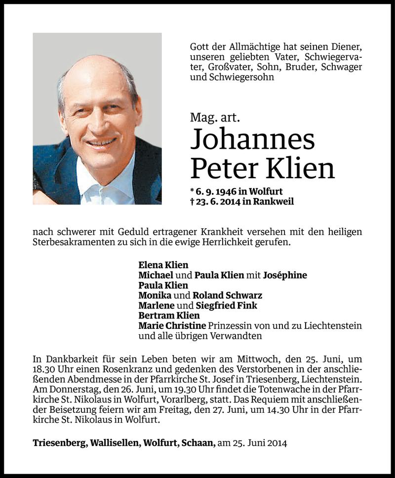  Todesanzeige für Johannes Peter Klien vom 24.06.2014 aus Vorarlberger Nachrichten