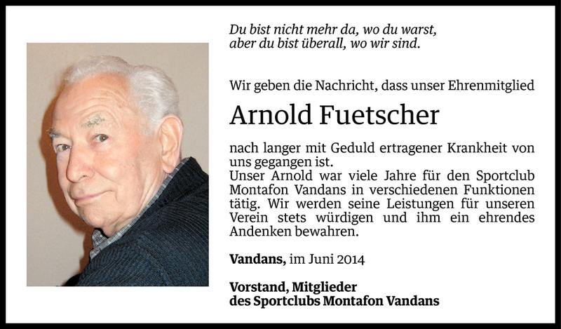  Todesanzeige für Arnold Fuetscher vom 25.06.2014 aus Vorarlberger Nachrichten