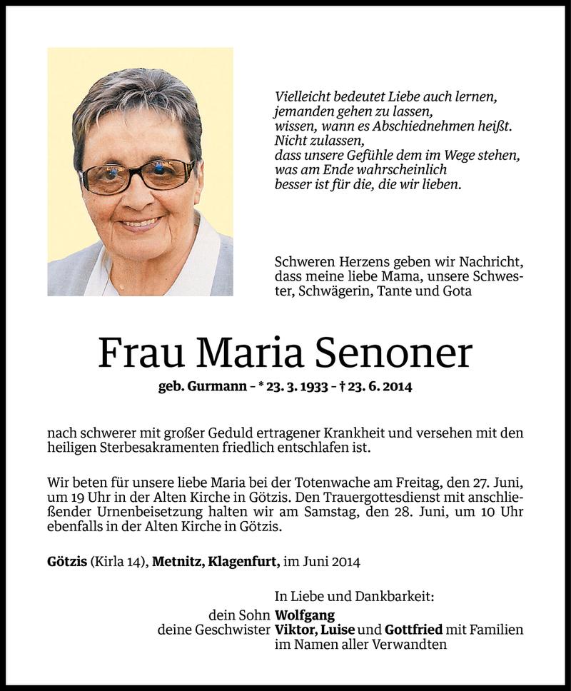  Todesanzeige für Maria Senoner vom 25.06.2014 aus Vorarlberger Nachrichten