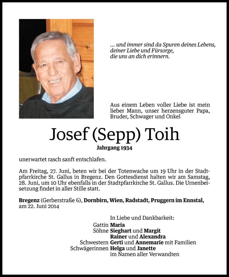  Todesanzeige für Josef Toih vom 25.06.2014 aus Vorarlberger Nachrichten