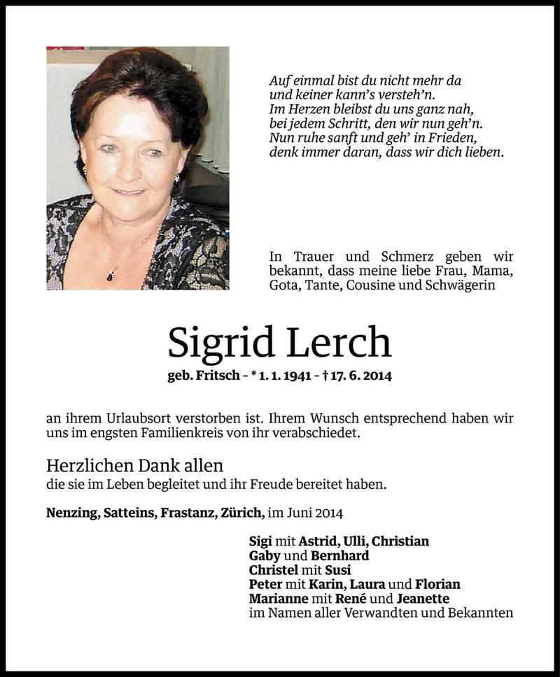  Todesanzeige für Sigrid Lerch vom 28.06.2014 aus Vorarlberger Nachrichten