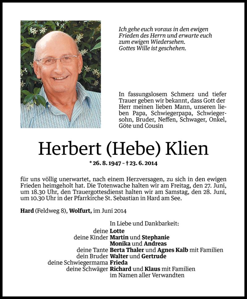  Todesanzeige für Herbert Klien vom 25.06.2014 aus Vorarlberger Nachrichten