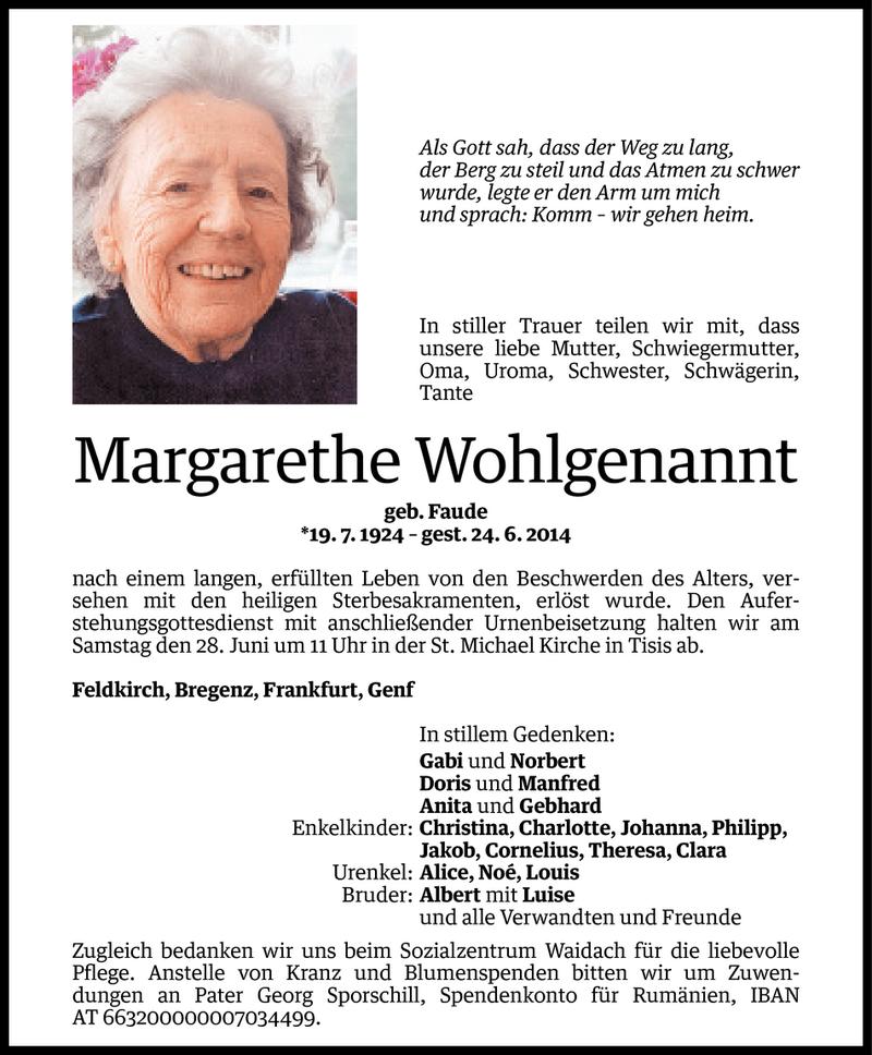  Todesanzeige für Margarethe Wohlgenannt vom 25.06.2014 aus Vorarlberger Nachrichten