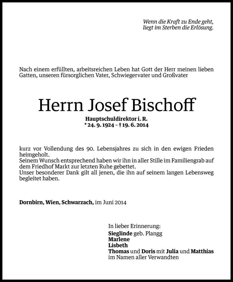  Todesanzeige für Josef Bischoff vom 28.06.2014 aus Vorarlberger Nachrichten