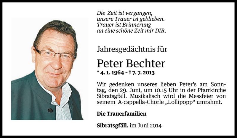  Todesanzeige für Peter Bechter vom 26.06.2014 aus Vorarlberger Nachrichten