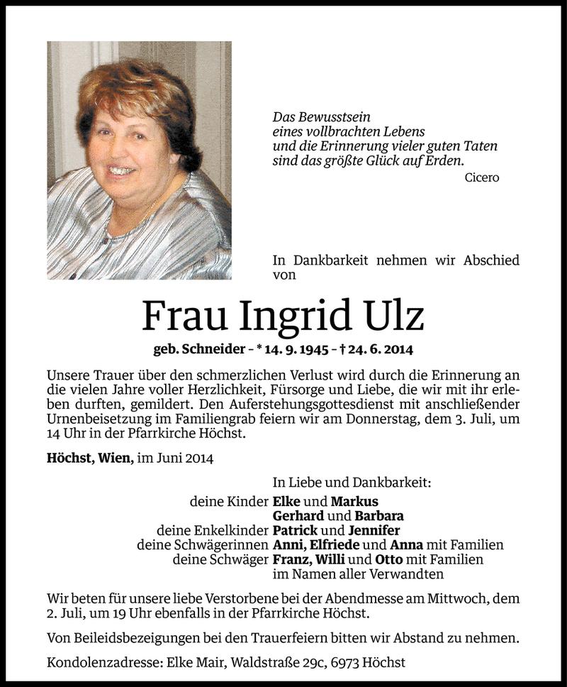  Todesanzeige für Ingrid Ulz vom 30.06.2014 aus Vorarlberger Nachrichten