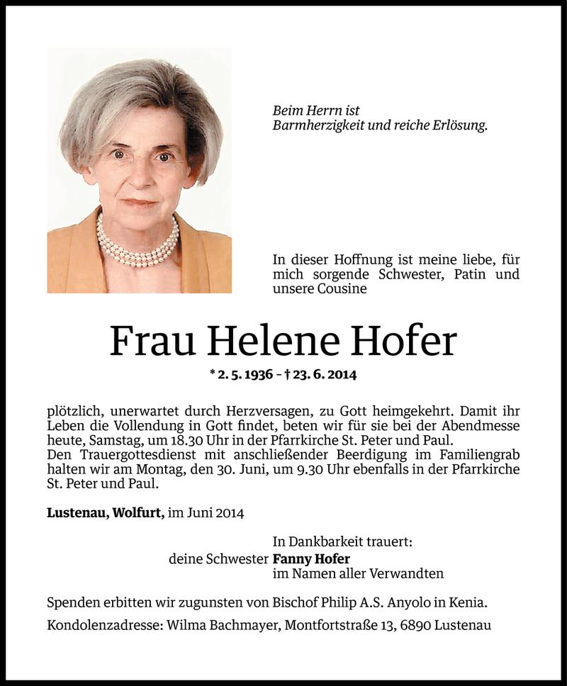  Todesanzeige für Helene Hofer vom 27.06.2014 aus Vorarlberger Nachrichten