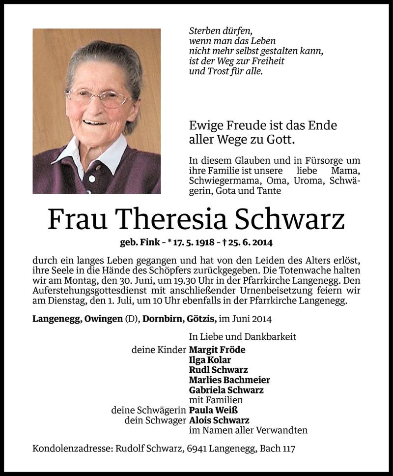  Todesanzeige für Theresia Schwarz vom 27.06.2014 aus Vorarlberger Nachrichten