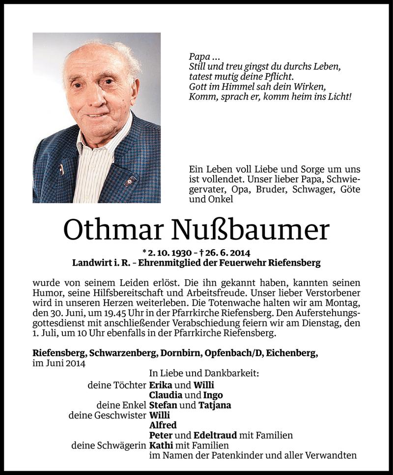  Todesanzeige für Othmar Nußbaumer vom 27.06.2014 aus Vorarlberger Nachrichten